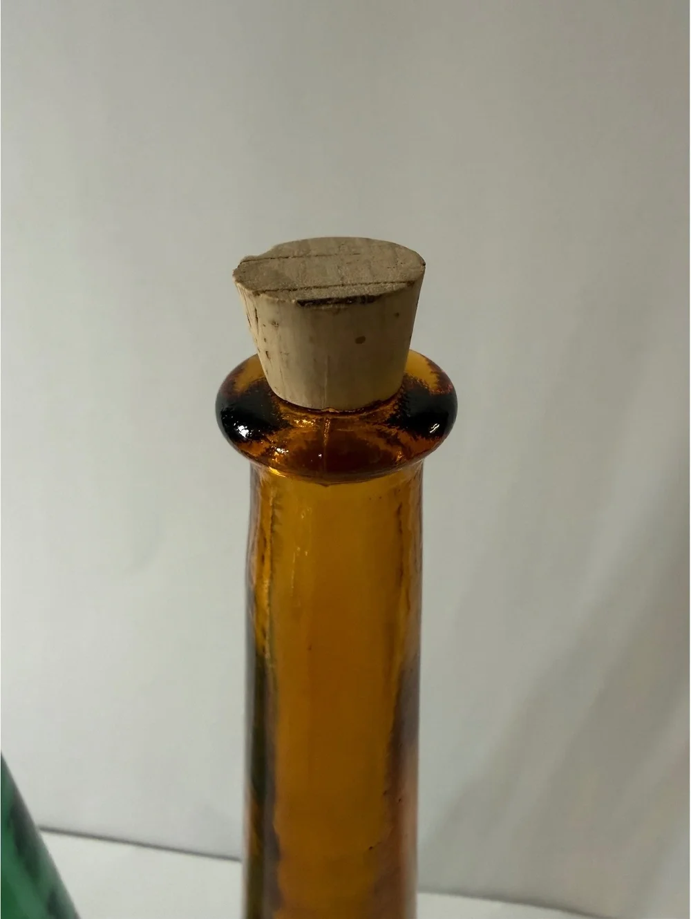 Vintage Hand Blown Art Glass Decanter Bottle Pair Green Amber 12” Cork Stoppers